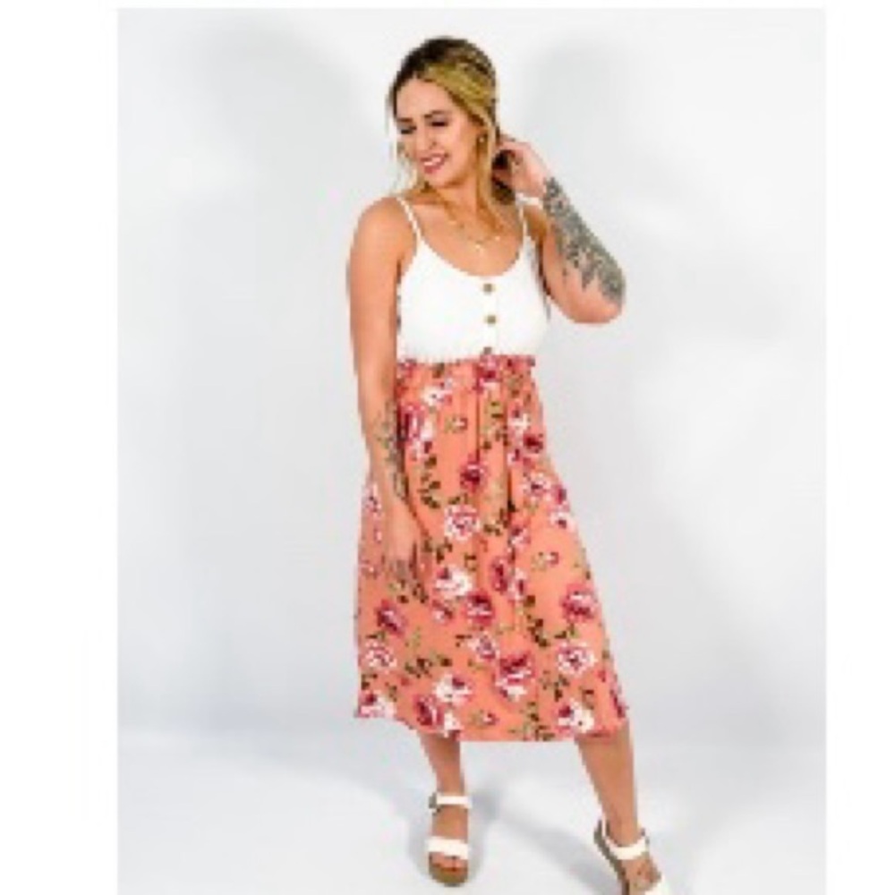 Sleeveless Floral Midi Summer Dress with Button Detail